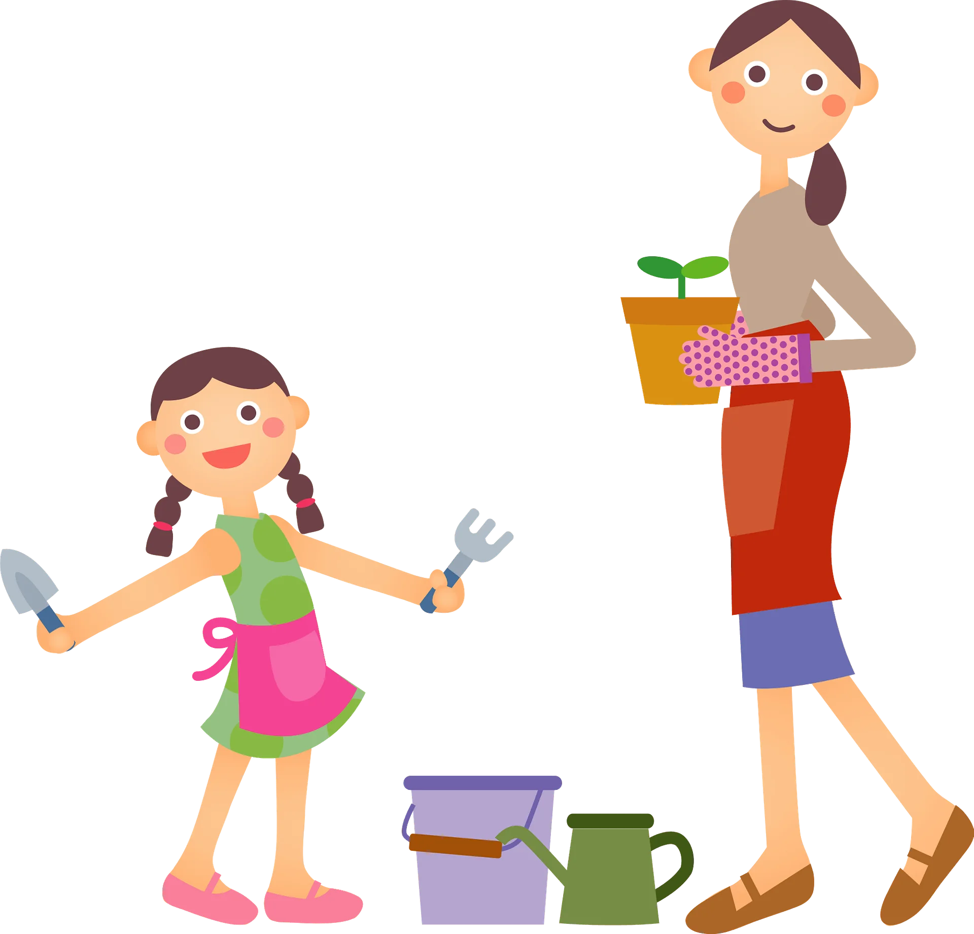 Delightful Mother and Daughter Gardening Clipart Illustration of Family Bonding