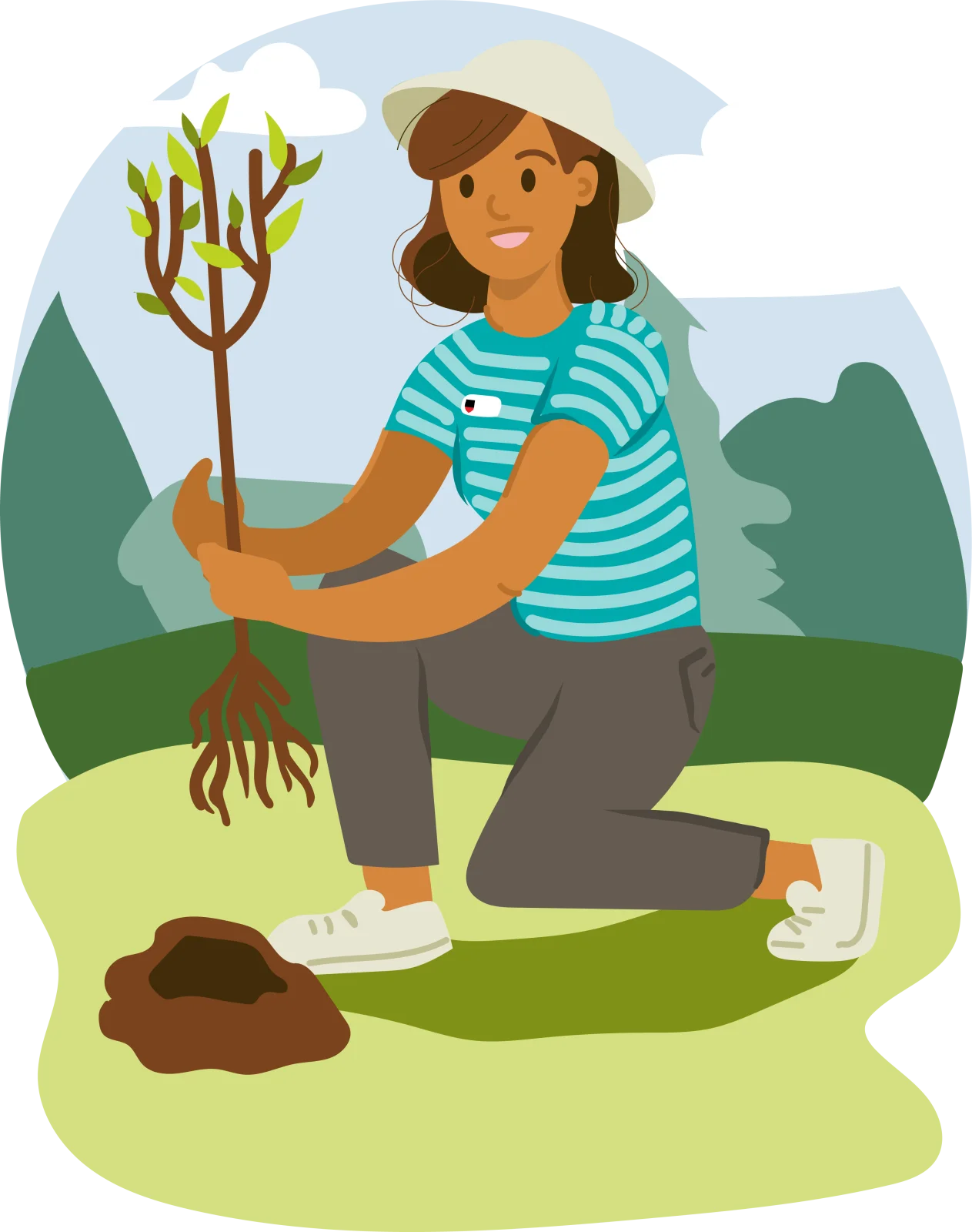 Enthusiastic Gardener Planting a Young Tree in a Lush Green Landscape Clipart