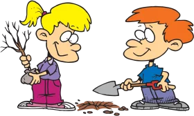 Kids Gardening Adventure: Playful Cartoon Clipart of Young Gardeners