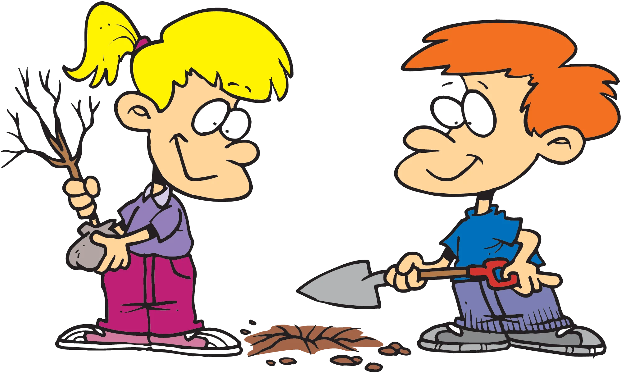 Kids Gardening Adventure: Playful Cartoon Clipart of Young Gardeners