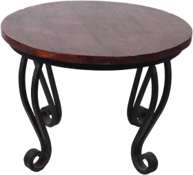 Rustic Round Wooden Side Table with Elegant Curled Metal Legs Clipart