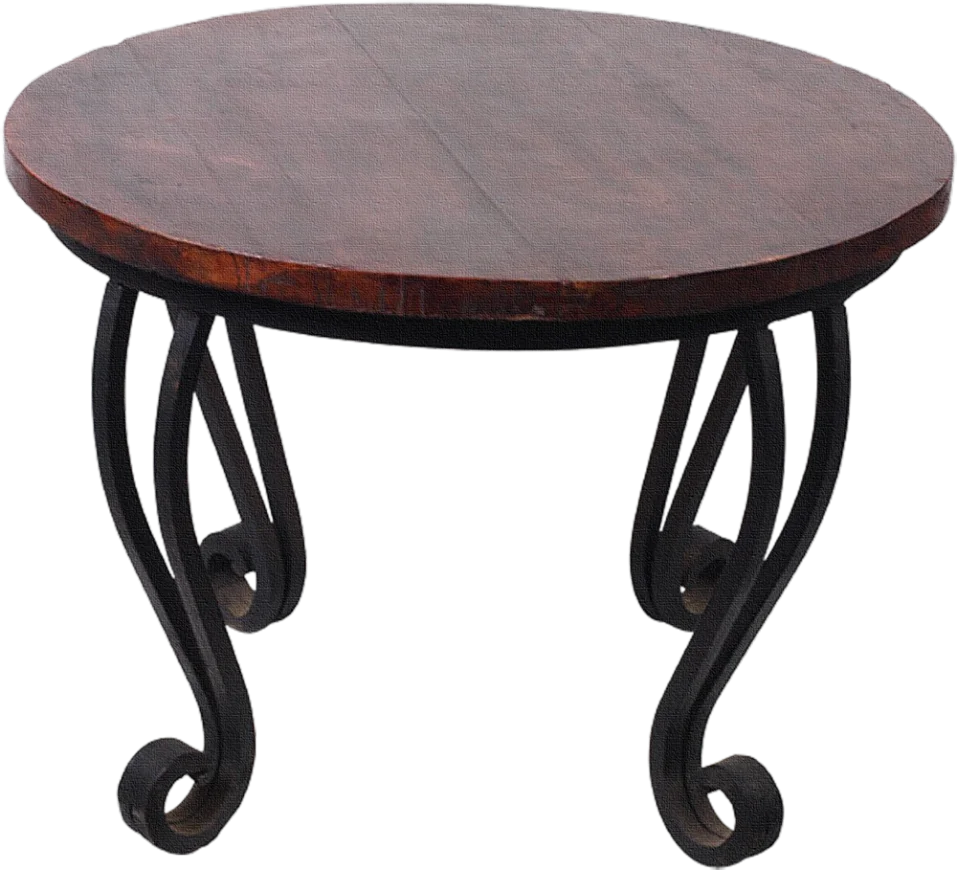 Rustic Round Wooden Side Table with Elegant Curled Metal Legs Clipart