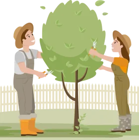 Two Gardeners Caring for a Lush Green Tree in a Charming Gardening Clipart Scene