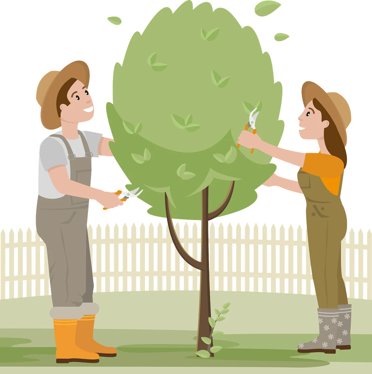 Two Gardeners Caring for a Lush Green Tree in a Charming Gardening Clipart Scene