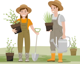 Two Gardeners Working in a Serene Landscape Gardening Clipart Illustration