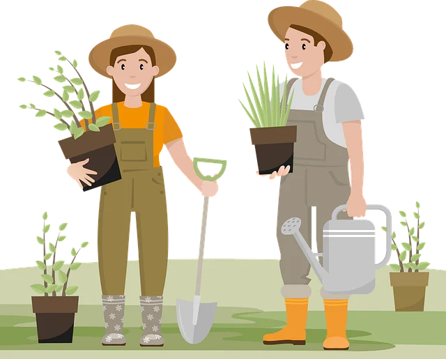 Two Gardeners Working in a Serene Landscape Gardening Clipart Illustration