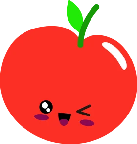 Adorable Kawaii Red Apple Clipart with Playful Winking Expression and Green Stem