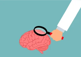 Cognitive Analysis Clipart: Magnifying Glass Exploring the Intricate Brain Landscape