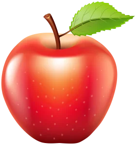 Glossy Red Apple Clipart with Bright Green Leaf - Fresh Fruit Illustration