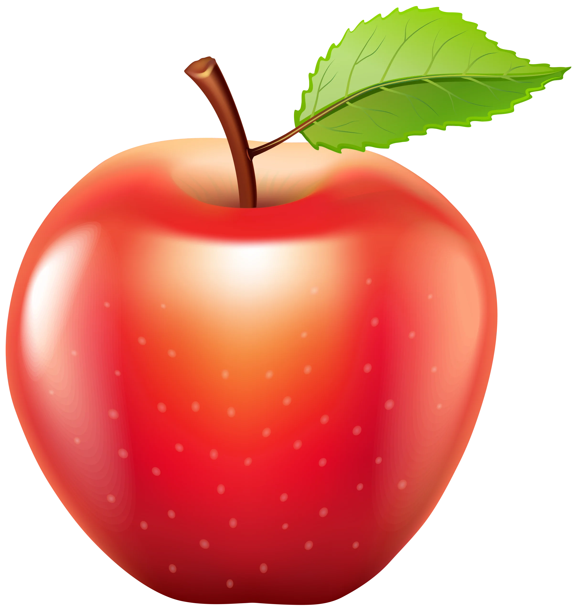Glossy Red Apple Clipart with Bright Green Leaf - Fresh Fruit Illustration