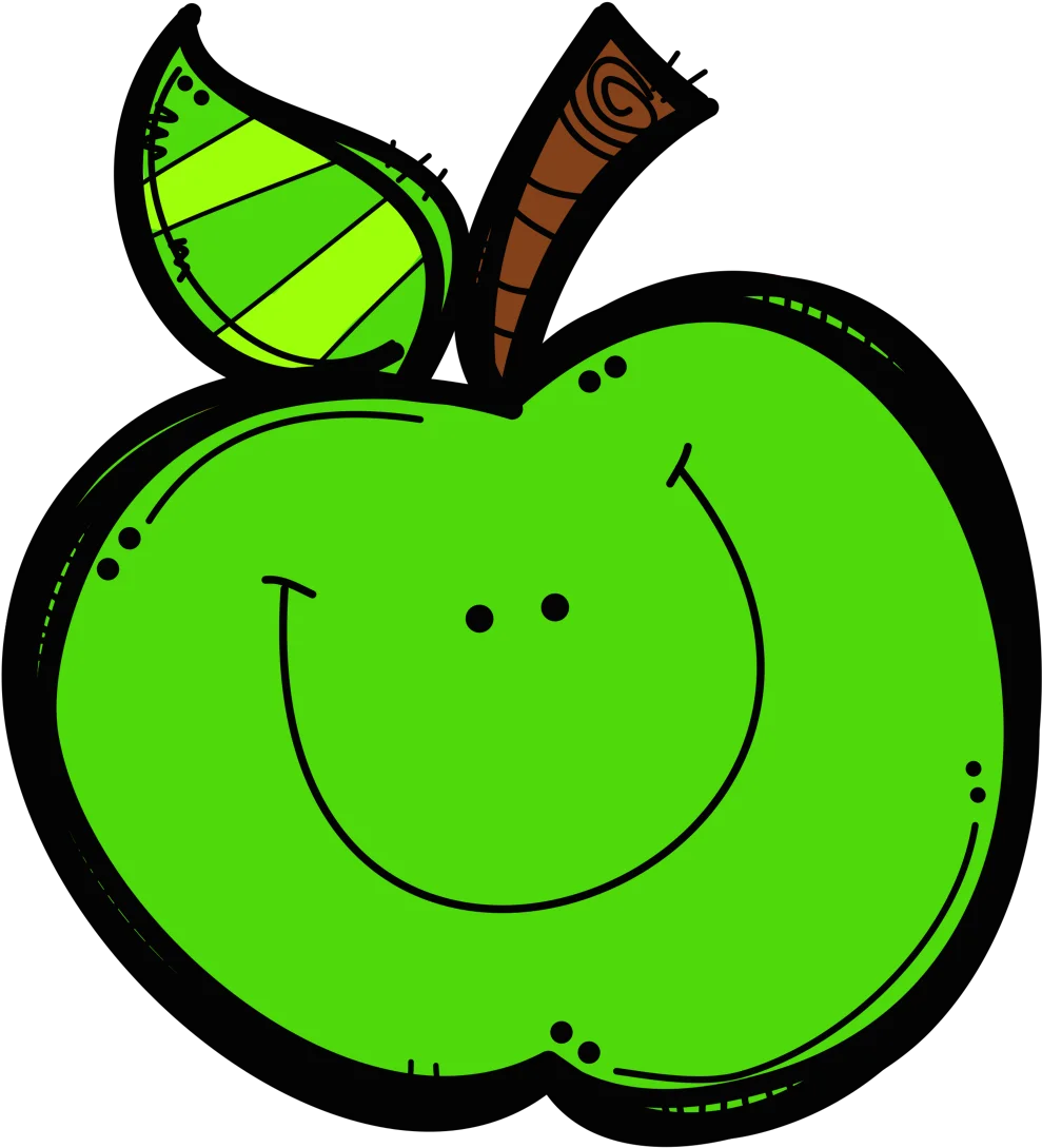 Cheerful Green Apple Clipart with Cartoon Face and Whimsical Design