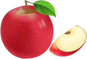 Crisp Red Apple Clipart with Fresh Green Leaf and Sliced Cross-Section