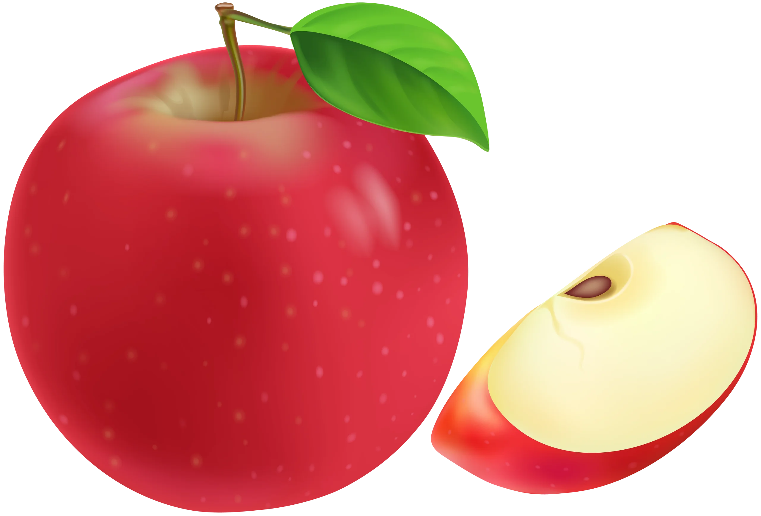 Crisp Red Apple Clipart with Fresh Green Leaf and Sliced Cross-Section