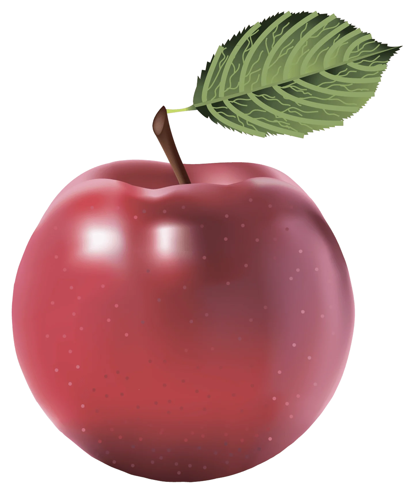 Realistic Red Apple Clipart with Glossy Surface and Attached Green Leaf