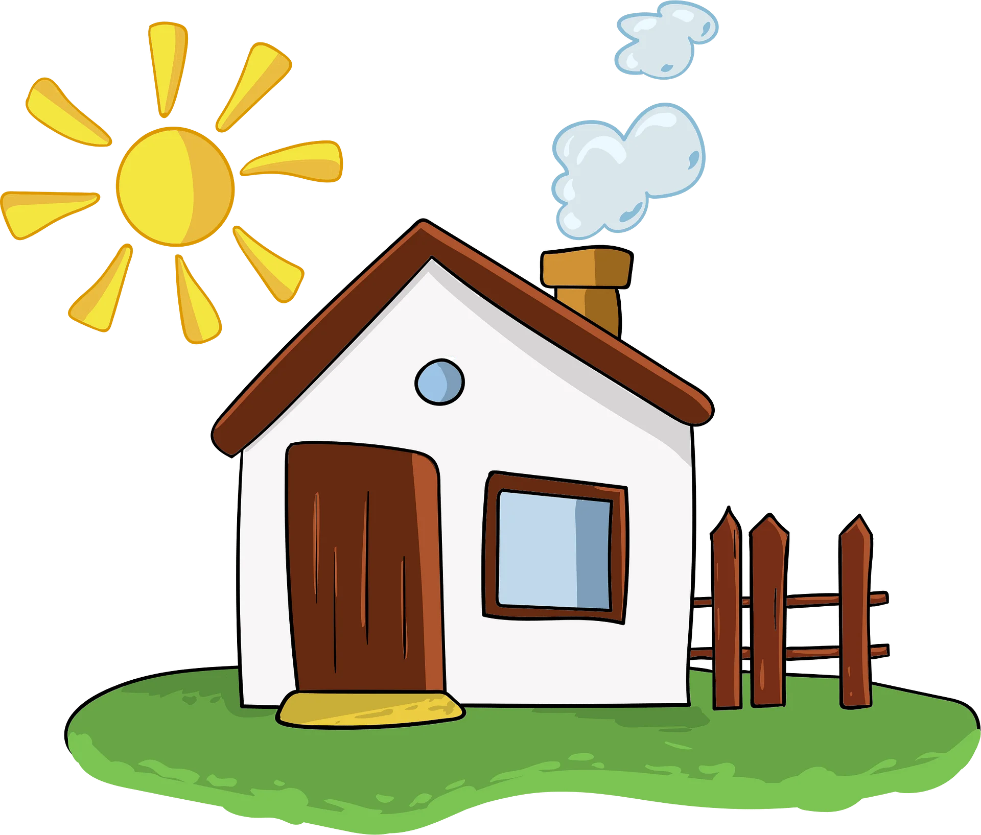 Charming Countryside Cottage Clipart with Sunny Day and Picket Fence