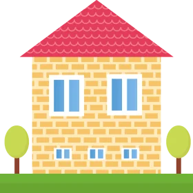 Charming Two-Story Brick House Clipart with Symmetrical Windows and Green Trees