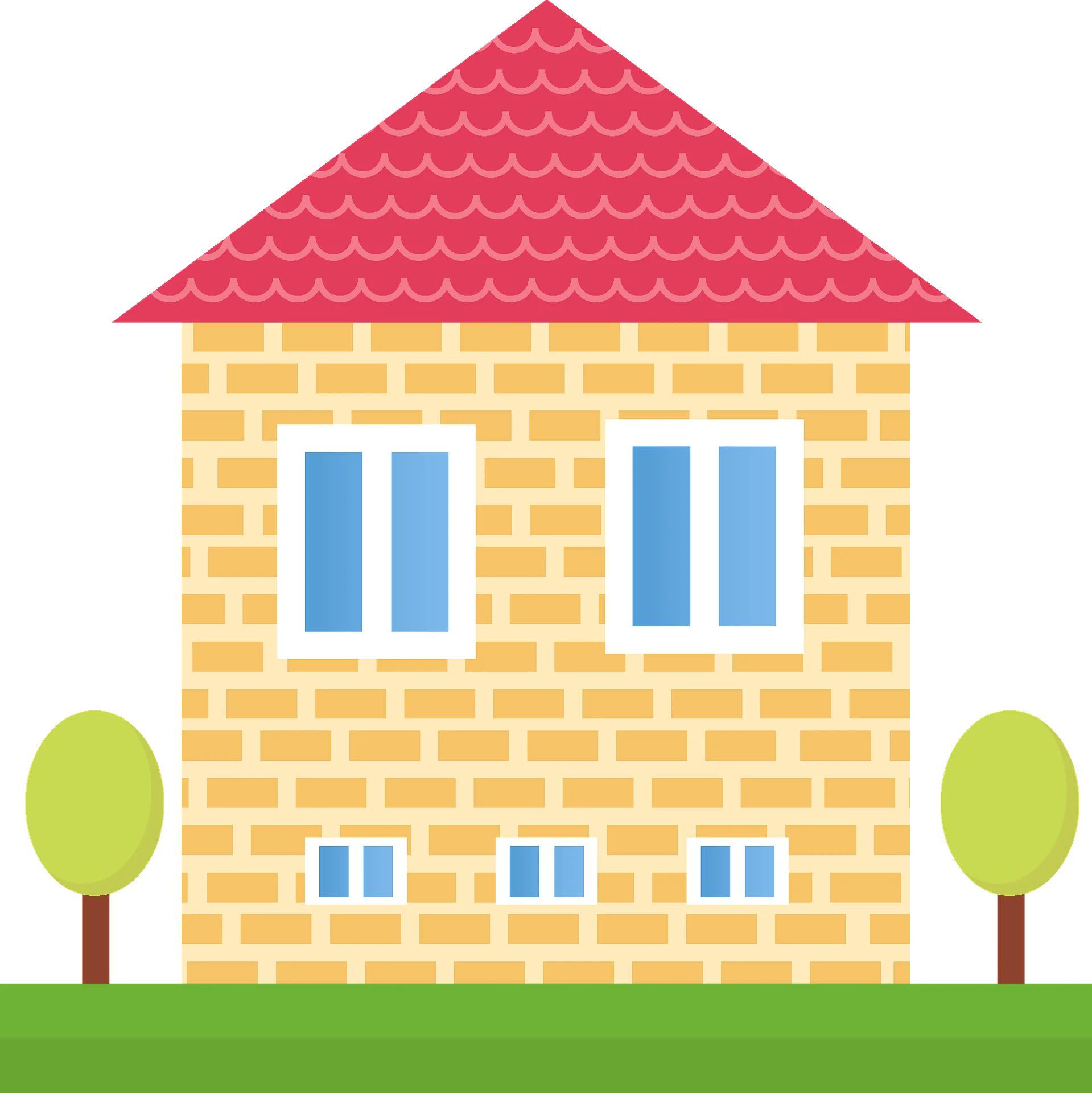 Charming Two-Story Brick House Clipart with Symmetrical Windows and Green Trees
