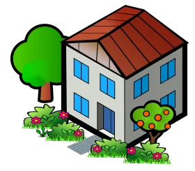 Charming Two-Story Residential House Clipart with Landscaped Garden Surroundings