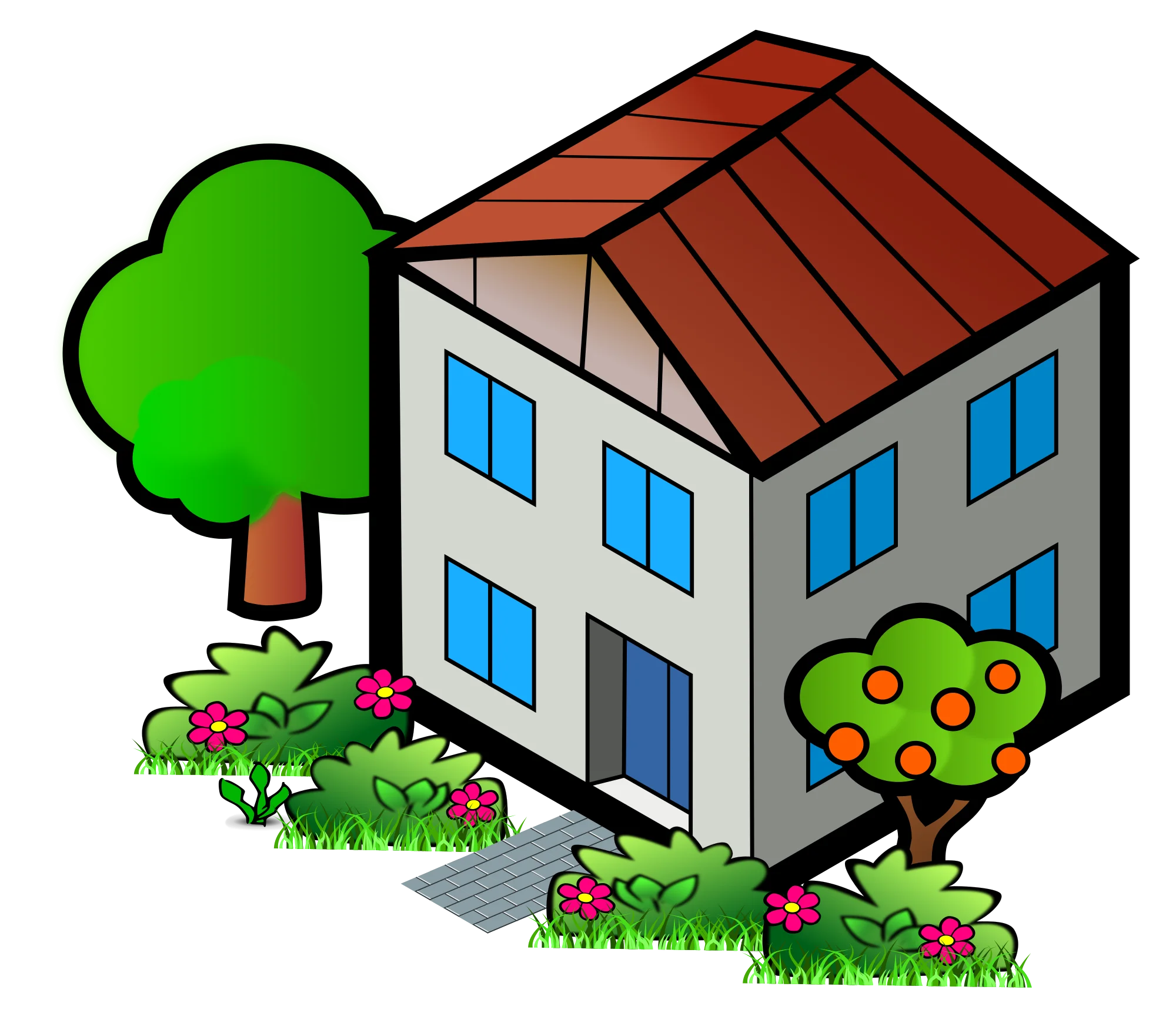 Charming Two-Story Residential House Clipart with Landscaped Garden Surroundings