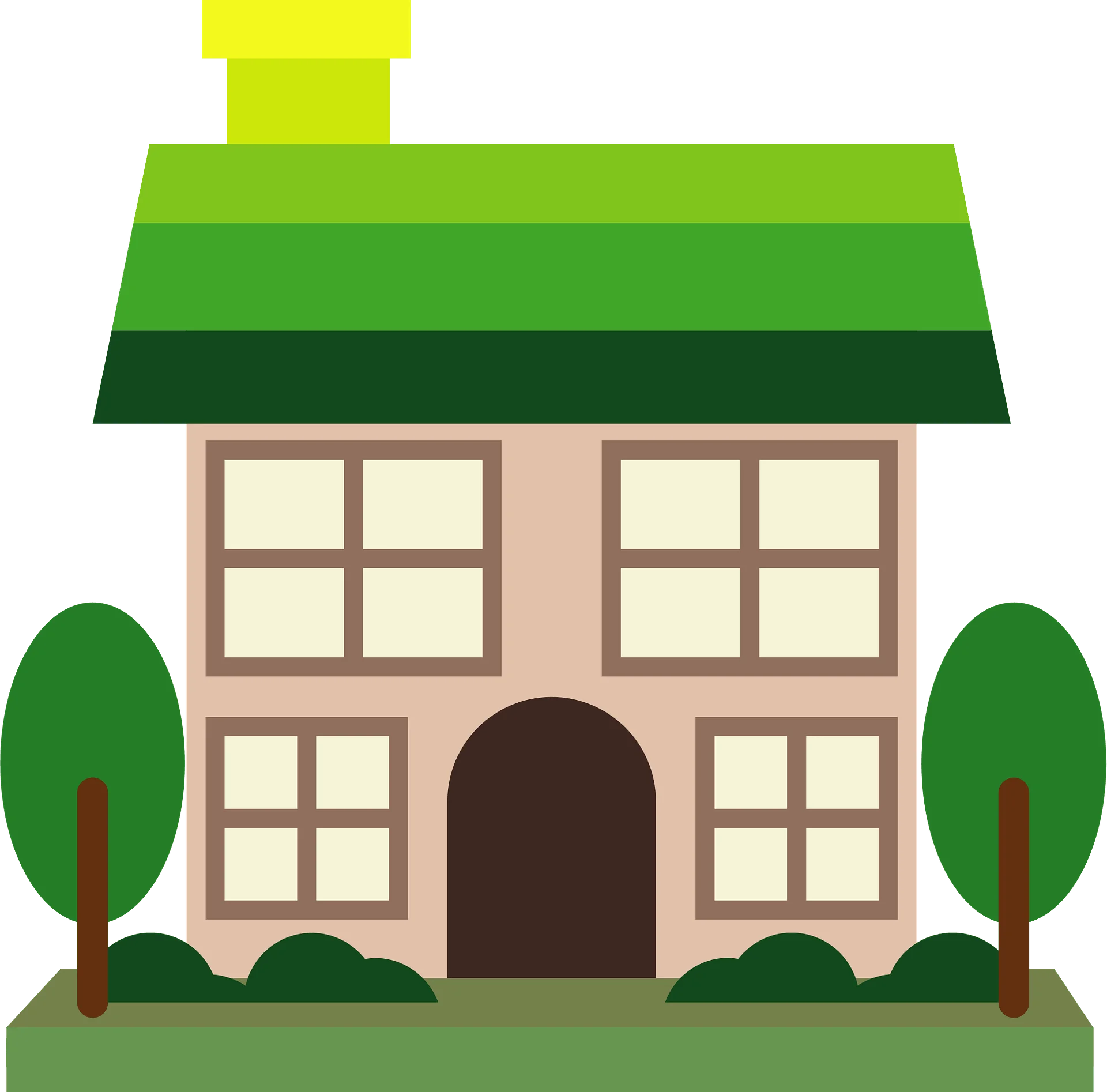 Charming Two-Story Suburban House Clipart with Symmetrical Design and Green Roof