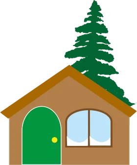 Cozy Woodland Cabin Clipart: Charming Rustic Home Nestled Beside Evergreen Tree