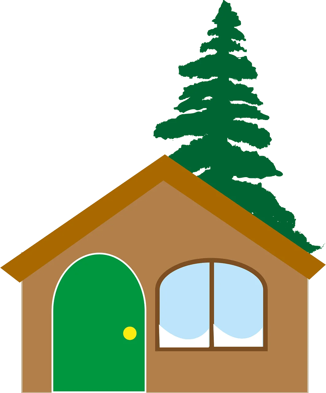Cozy Woodland Cabin Clipart: Charming Rustic Home Nestled Beside Evergreen Tree