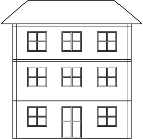 Simple Three-Story House Clipart with Symmetrical Grid Windows and Peaked Roof