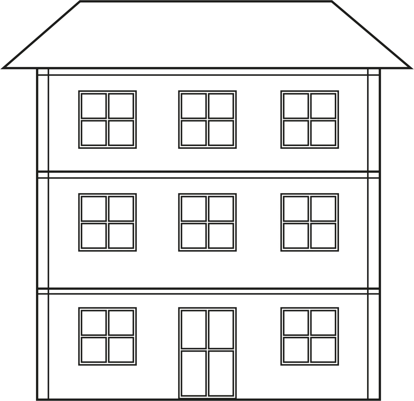 Simple Three-Story House Clipart with Symmetrical Grid Windows and Peaked Roof
