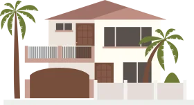 Tropical Coastal Two-Story House Clipart with Palm Trees and Garage