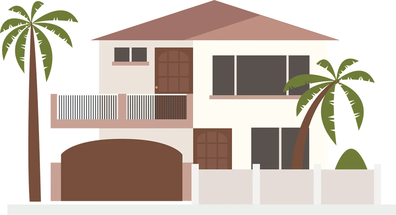 Tropical Coastal Two-Story House Clipart with Palm Trees and Garage