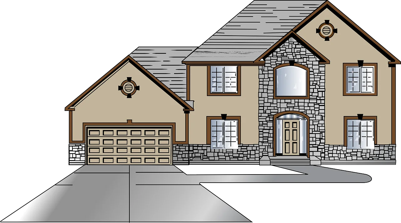 Two-Story Suburban Stone and Tan Residential House Architectural Clipart Design