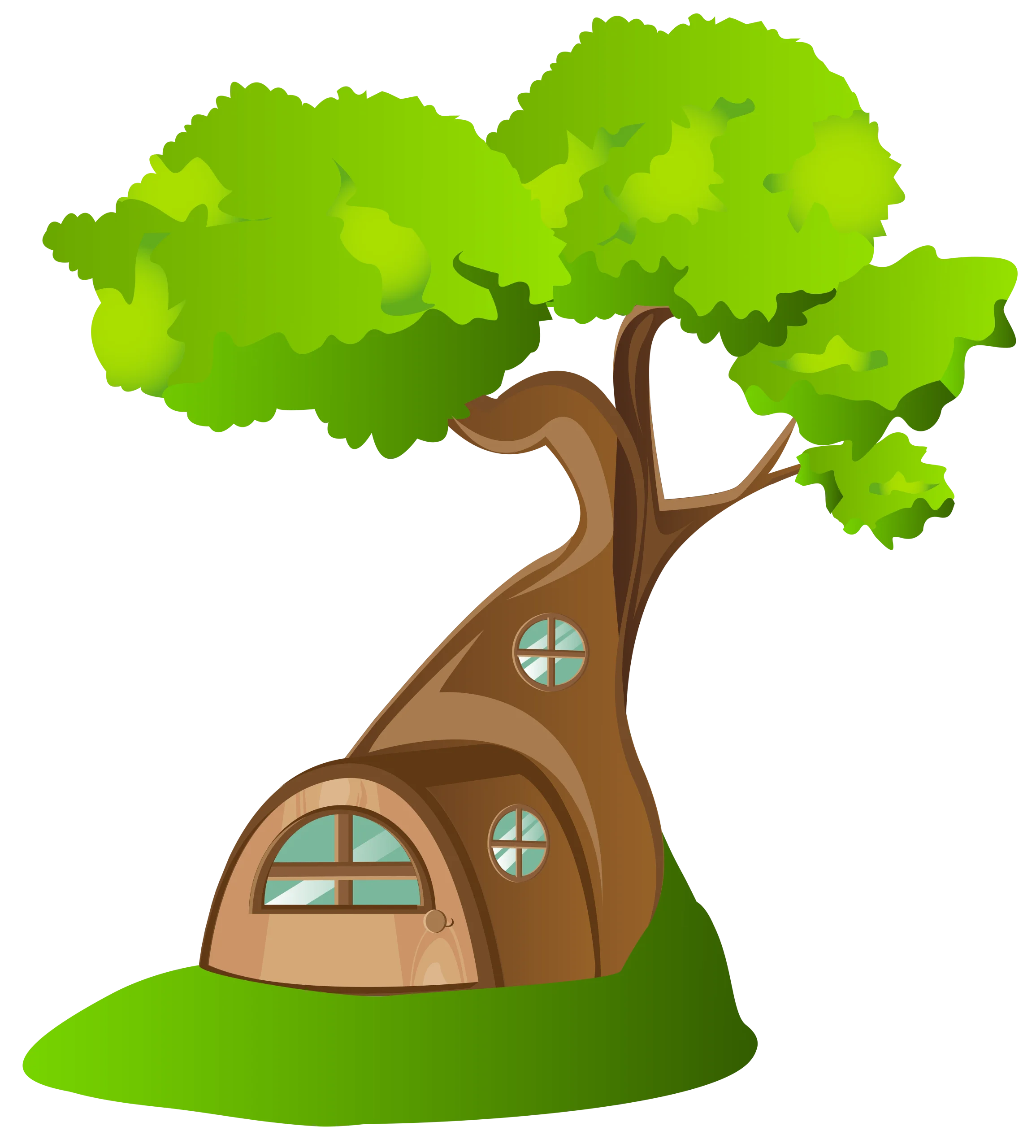 Whimsical Woodland Home Nestled Within a Charming Tree Trunk Clipart Illustration