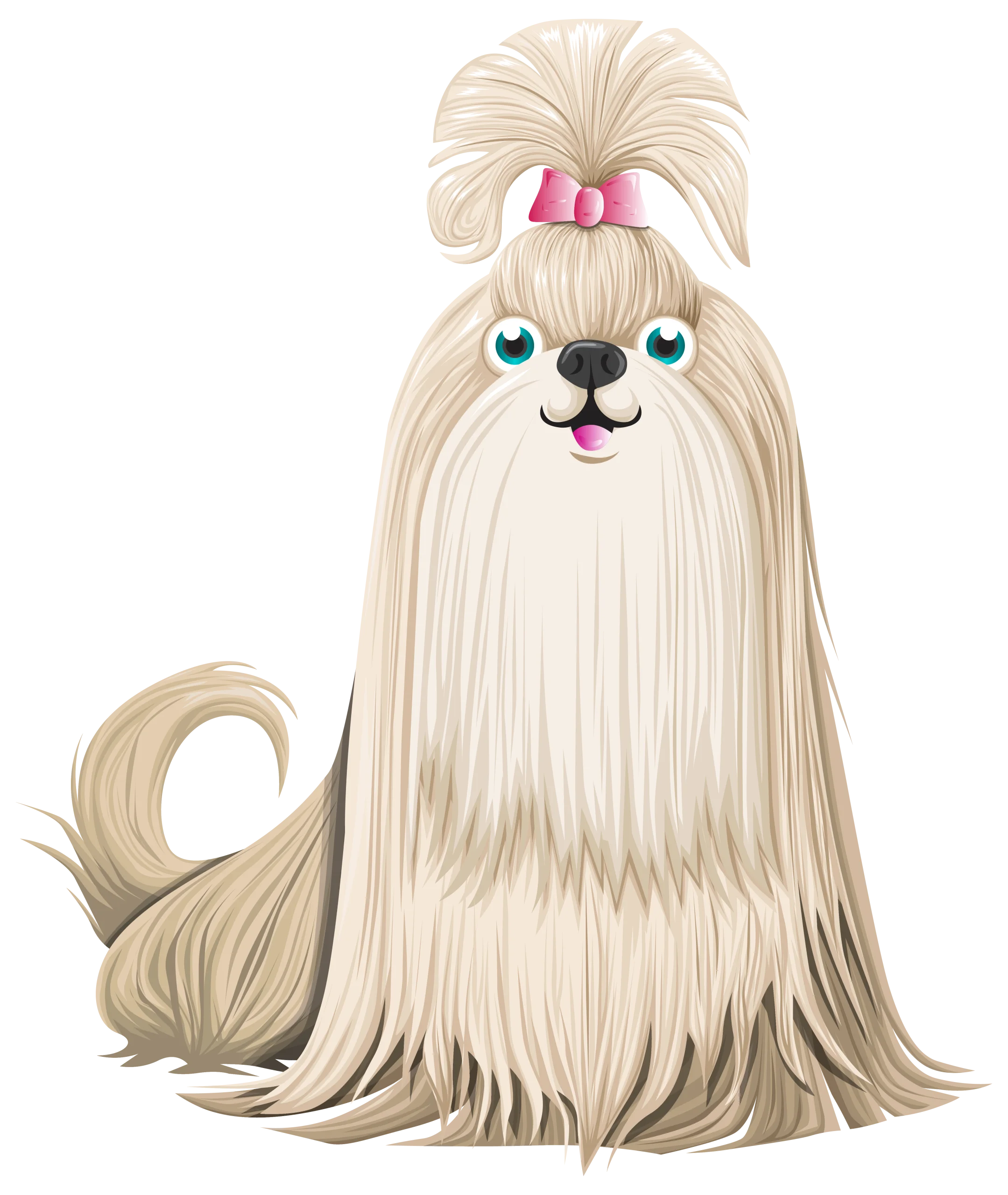 Adorable Long-Haired Shih Tzu Puppy Cartoon Clipart with Pink Bow