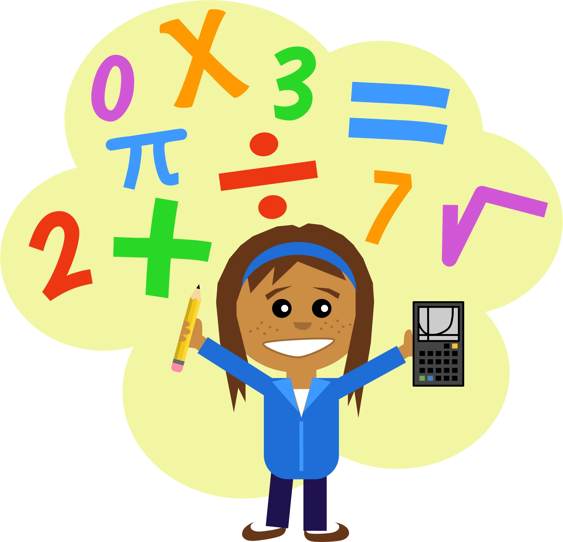 Cheerful Student Surrounded by Colorful Mathematical Symbols Clipart Illustration