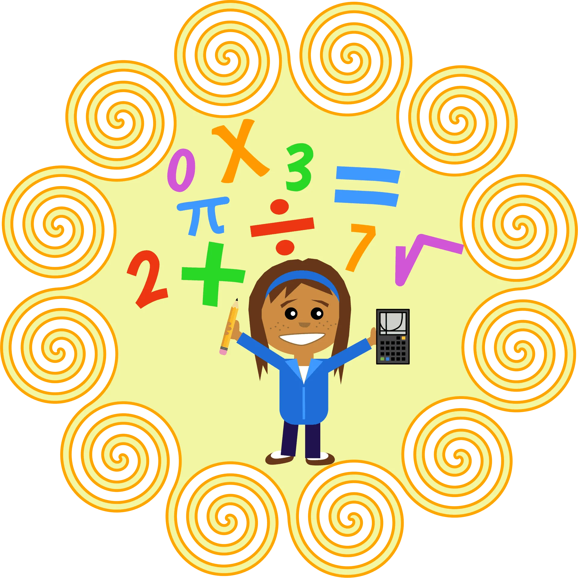 Cheerful Student Surrounded by Mathematical Symbols and Whimsical Math Clipart Illustration