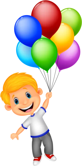 Cheerful Cartoon Boy Floating with Rainbow Colored Party Balloons Clipart