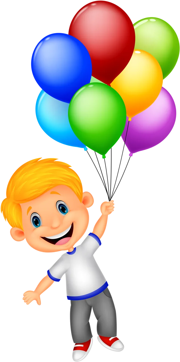 Cheerful Cartoon Boy Floating with Rainbow Colored Party Balloons Clipart