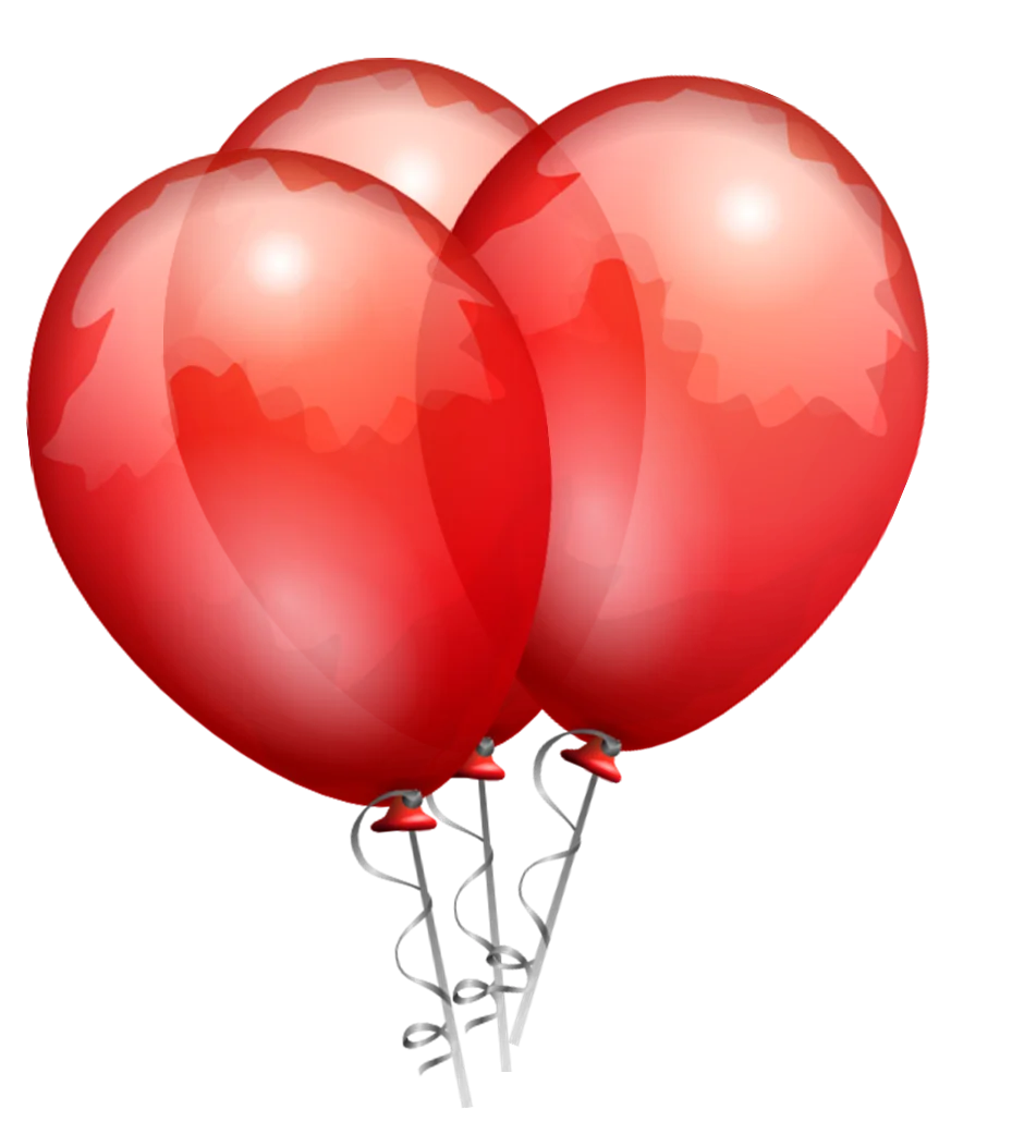 Three Glossy Red Balloons Clipart with Transparent Highlights and Silver Strings