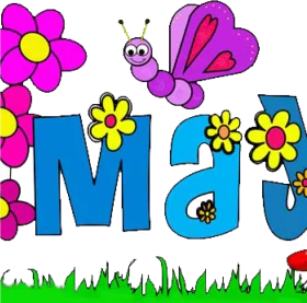 Cheerful May Month Clipart with Colorful Flowers, Butterfly, and Blue Letters