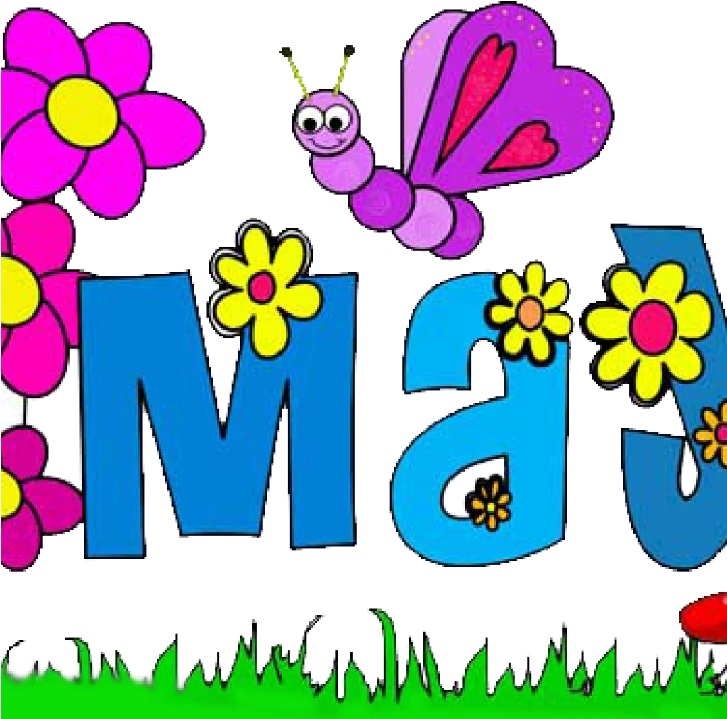 Cheerful May Month Clipart with Colorful Flowers, Butterfly, and Blue Letters