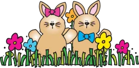 Adorable Easter Bunny Friends Surrounded by Cheerful Spring Flowers Clipart Design
