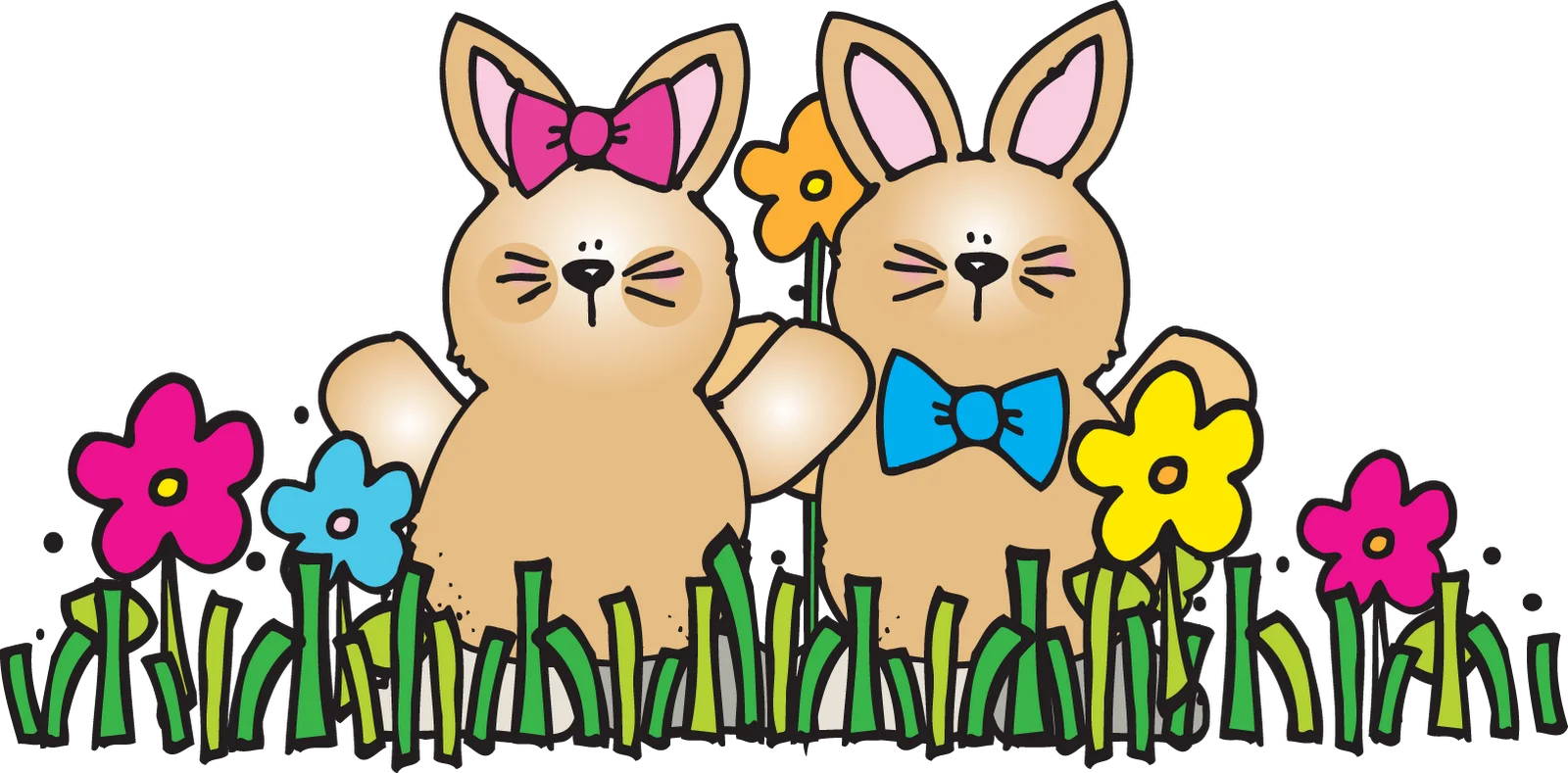 Adorable Easter Bunny Friends Surrounded by Cheerful Spring Flowers Clipart Design