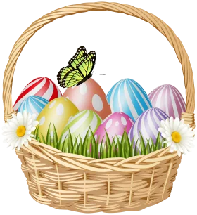 Cheerful Easter Basket Clipart with Pastel-Colored Eggs and Butterfly