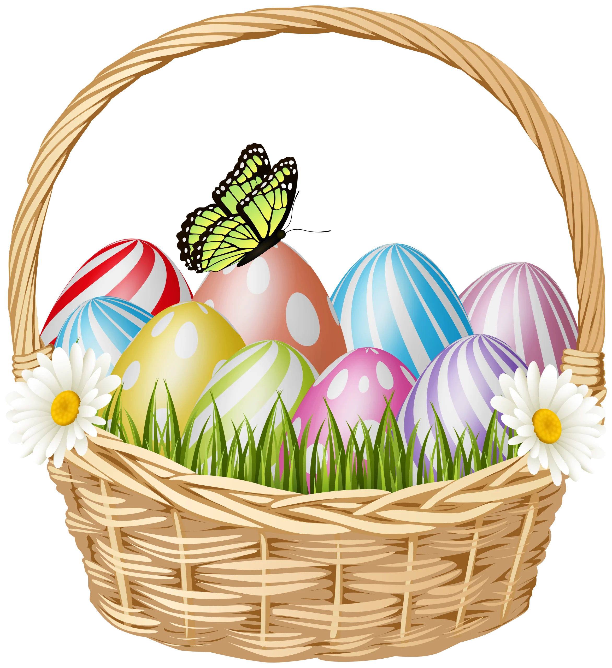 Cheerful Easter Basket Clipart with Pastel-Colored Eggs and Butterfly