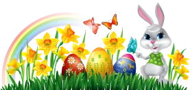 Cheerful Easter Springtime Scene Clipart with Bunny, Eggs, and Daffodils