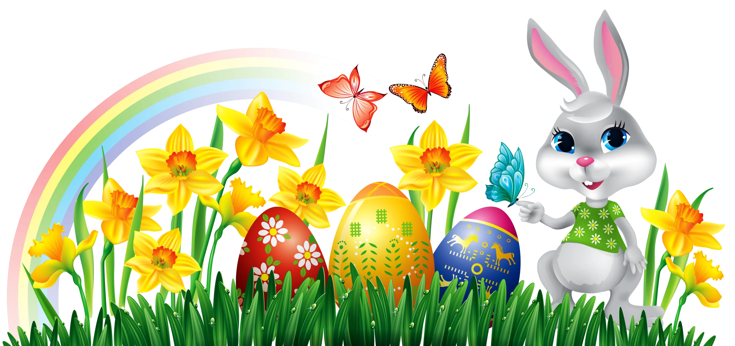 Cheerful Easter Springtime Scene Clipart with Bunny, Eggs, and Daffodils