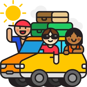 Cheerful Road Trip Adventure Cartoon Clipart with Diverse Friends in Car
