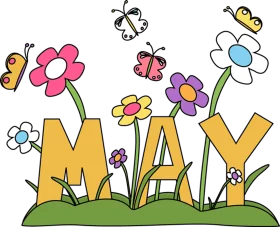 Colorful May Clipart Illustration with Playful Flowers and Butterflies