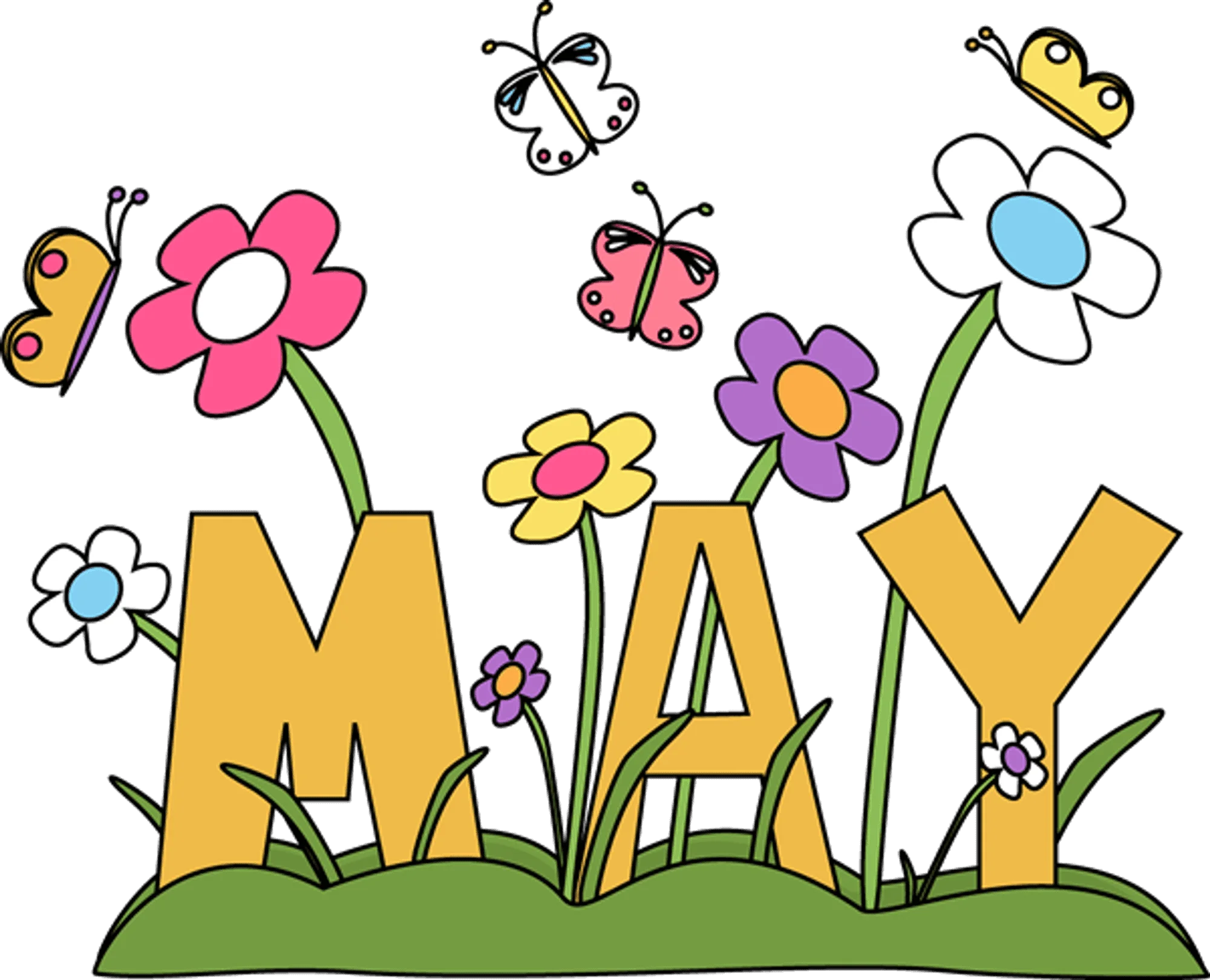 Colorful May Clipart Illustration with Playful Flowers and Butterflies