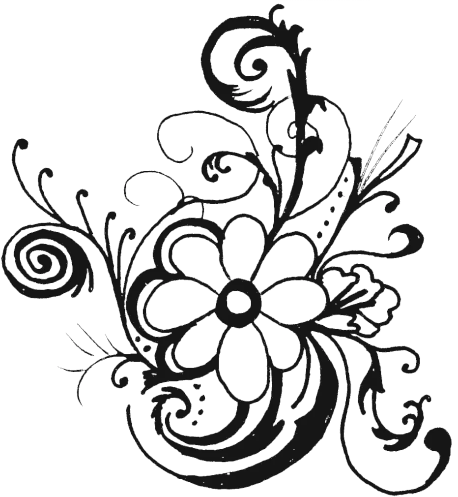 Elegant Black and White Floral Clipart with Swirling Ornamental Design